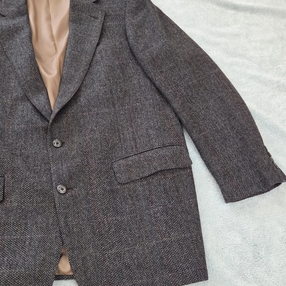 VTG Tweed Jacket L Grey Herringbone 100% Wool Blazer 44R Made in USA Sport Coat